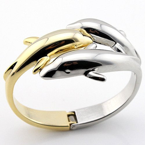 18K Gold Plated 3 Dolphin Bangle 2 Tone 