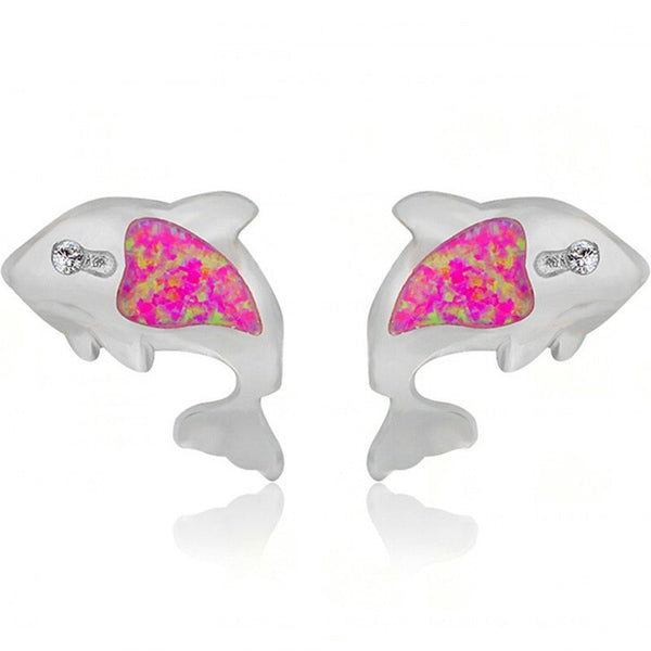 925 Silver Filled Opal Stone Dolphin Stud Earrings 