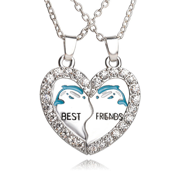 Best Friends Rhinestone Dolphin Necklace With Split Broken Heart 