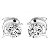 Silver Plated Rhinestone Dolphin Charm Stud Earrings 