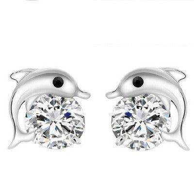 Silver Plated Rhinestone Dolphin Charm Stud Earrings 