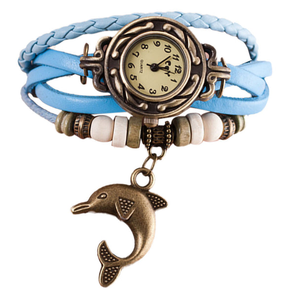 Excellent Quartz Weave Leather Dolphin Watch Bracelet - blue 