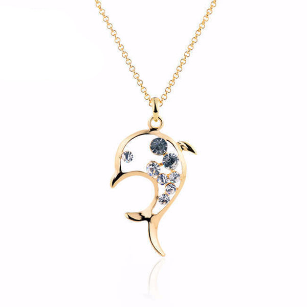 18K Gold Rhinestone Filled Stunning Dolphin Necklace and Pendant 