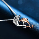 Intricate White Gold Inlay Rhinestone Double Dolphin Necklace 