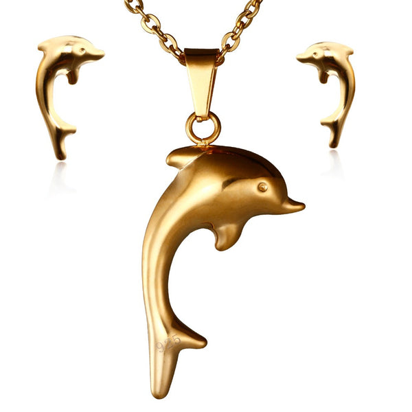 Gold Plated Hollow Dolphin Jewelry Set Including Necklace and Earrings 