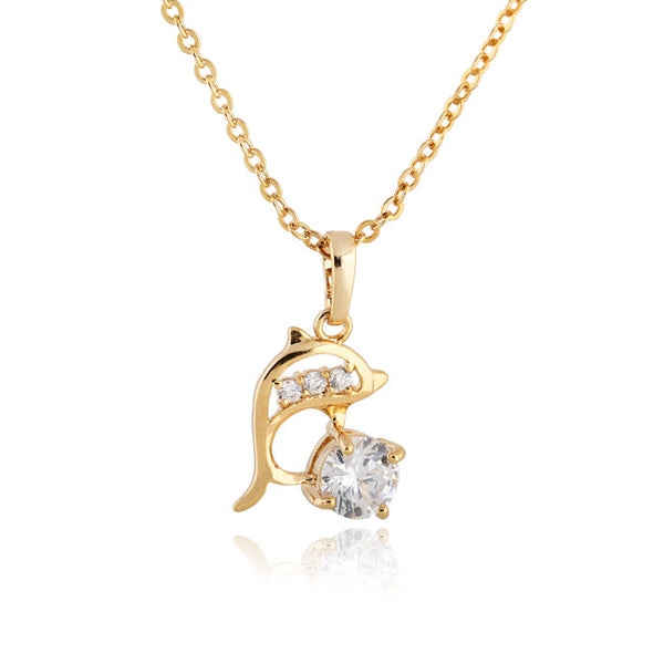 Stunning 18 K Gold Plated Round CZ Dolphin Necklace and Pendant 