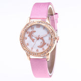 Cute Crystal Diamond Quartz Leather Pink Dolphin Watch
