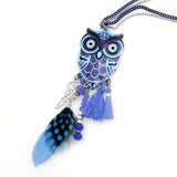 Stunning Long Chain Multicolor Owl Pendant Necklaces With Feather Crystal Bead Tassel For Women 
