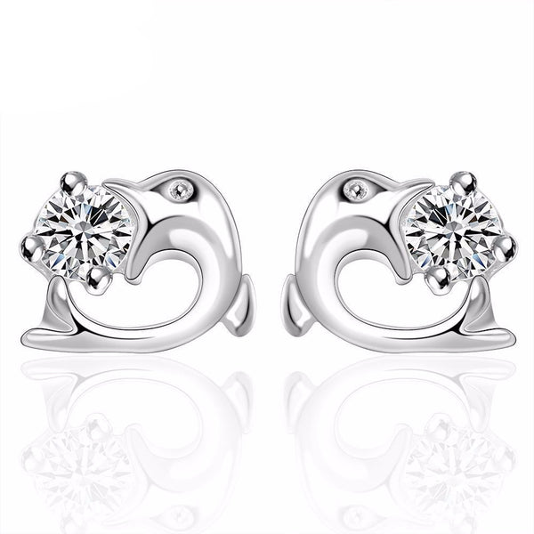 Silver Plated Stone Inlayed Dolphin Earrings 