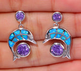Elegant & Unique Blue Fire Opal & Amethyst Silver Stud Dolphin Earrings 
