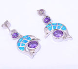 Elegant & Unique Blue Fire Opal & Amethyst Silver Stud Dolphin Earrings 