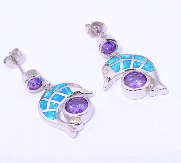 Elegant & Unique Blue Fire Opal & Amethyst Silver Stud Dolphin Earrings 
