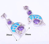 Elegant & Unique Blue Fire Opal & Amethyst Silver Stud Dolphin Earrings 