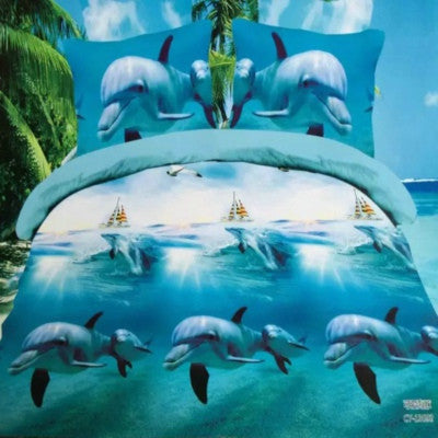 Printed Blue Sea Dolphin Bedding Set - 4 Pieces 