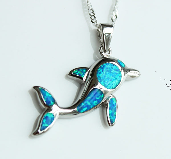 Cute Blue Fire Opal Jumping Dolphin Pendant Necklace 
