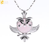 Soft Natural Round Gem Stone Owl Bird Necklace Pendants (Available in Opal, Purple, Pink, Quartz and more) 