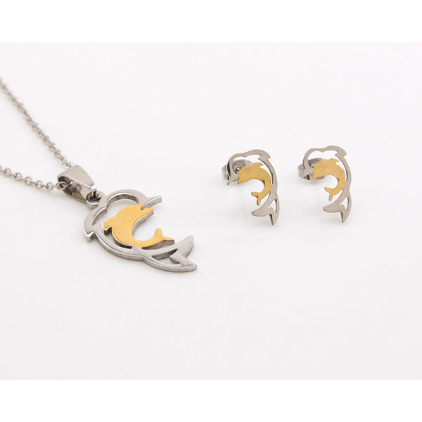 Graceful Dolphin Jewelry Set Necklace and Earrings 