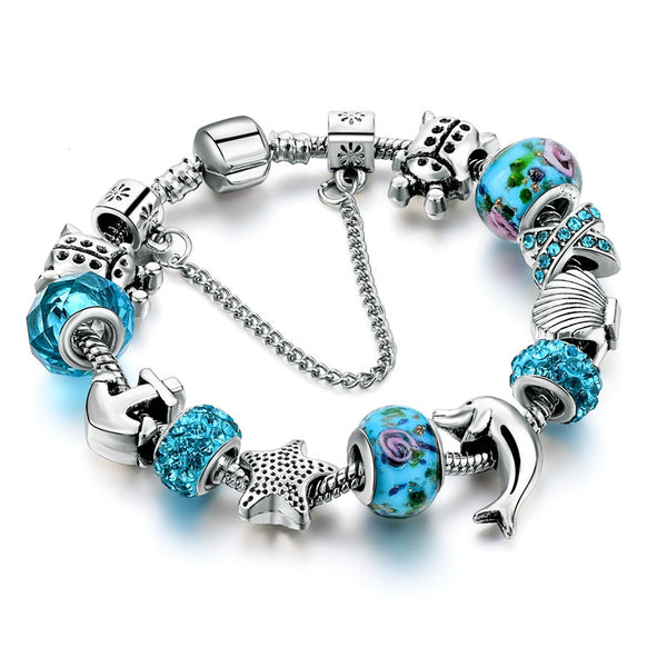Ocean Style European Blue Crystal Glass Dolphin Charm Bracelet 
