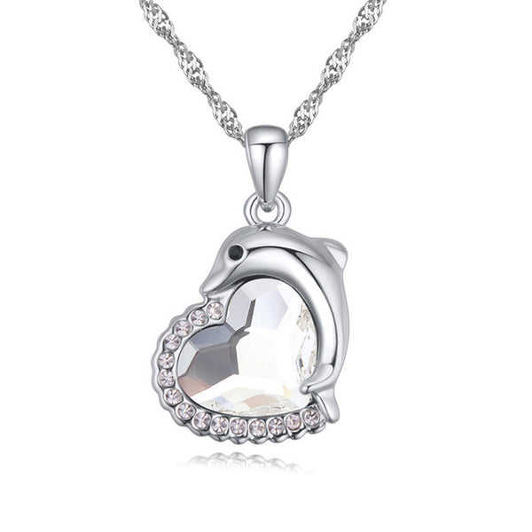 Swarovski Crystal Dolphin Heart Pendant Necklace - Various Stone Colours 