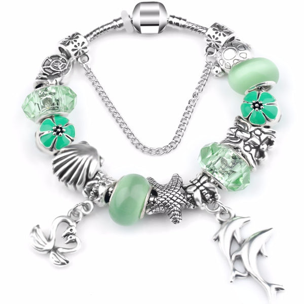 European Ocean Beach Seashell Turtle Dolphin Crystal Bead Bracelet (many colours to choose from) 