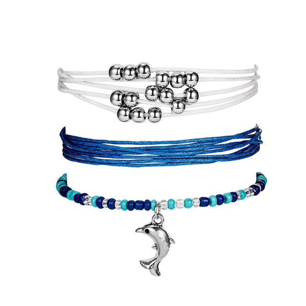 3 Piece Stunning Bohemian Style Blue White Rope Dolphin Bracelet for Her 