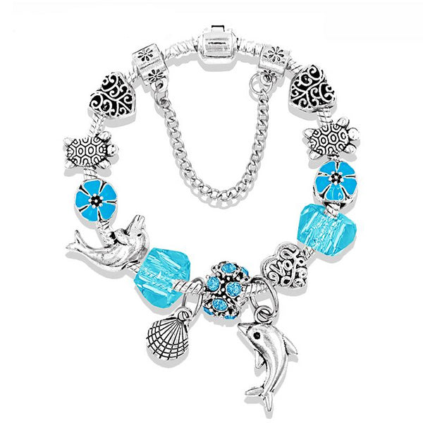 Ocean Style Blue Murano Charm Sea Turtle Dolphin Bracelet 