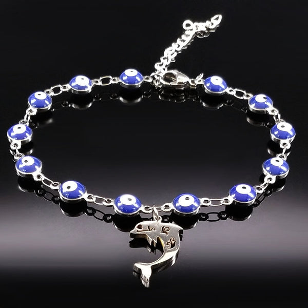 Fashion Blue Evil Eye Dolphin Stainless Steel Bracelets 