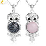 Cute Owl Round Ball Bead Natural Stones Pendant Necklace- Pink Quartz / Snowflake Stone Pendants for Women 