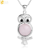 Cute Owl Round Ball Bead Natural Stones Pendant Necklace- Pink Quartz / Snowflake Stone Pendants for Women 