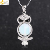 Cute Owl Round Ball Bead Natural Stones Pendant Necklace- Pink Quartz / Snowflake Stone Pendants for Women 